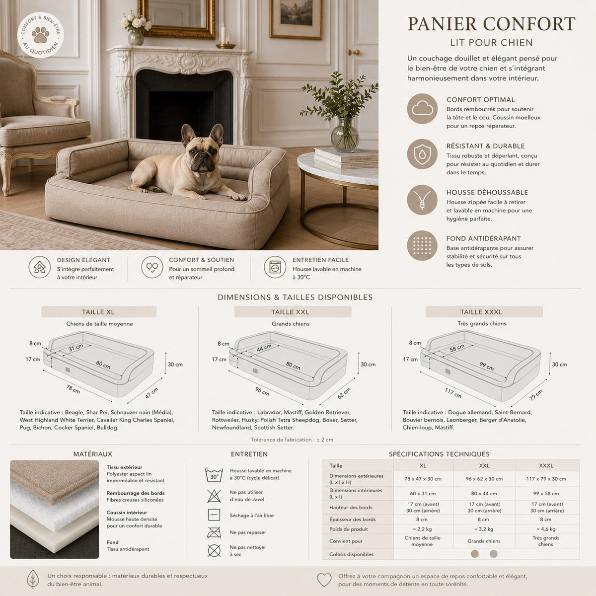 Mano Ergonomic Dog Bed with Removable Cover – Taupe, L